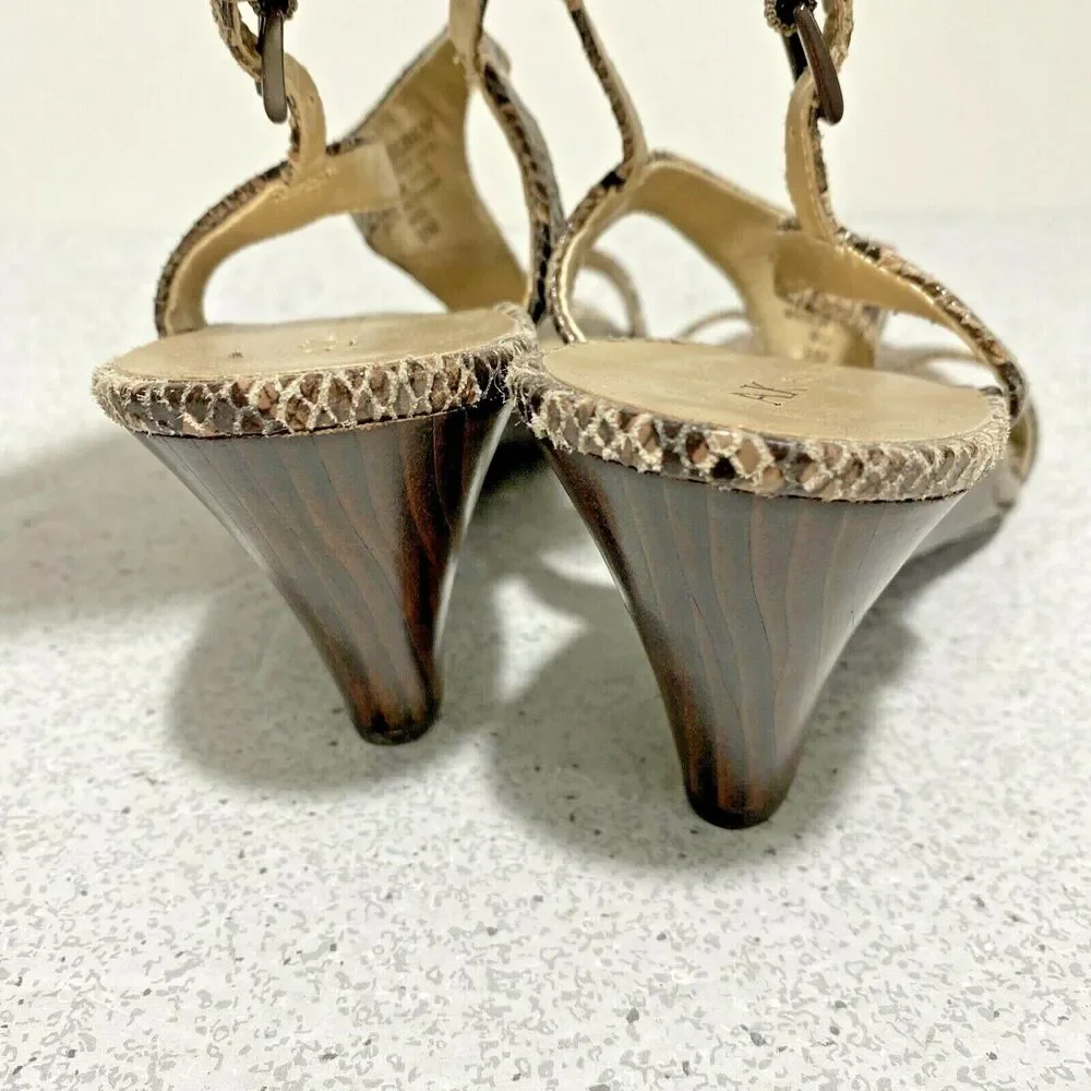 Anne Klein 9M wedge heel shoes black & tan snakeskin sandals beaded leather